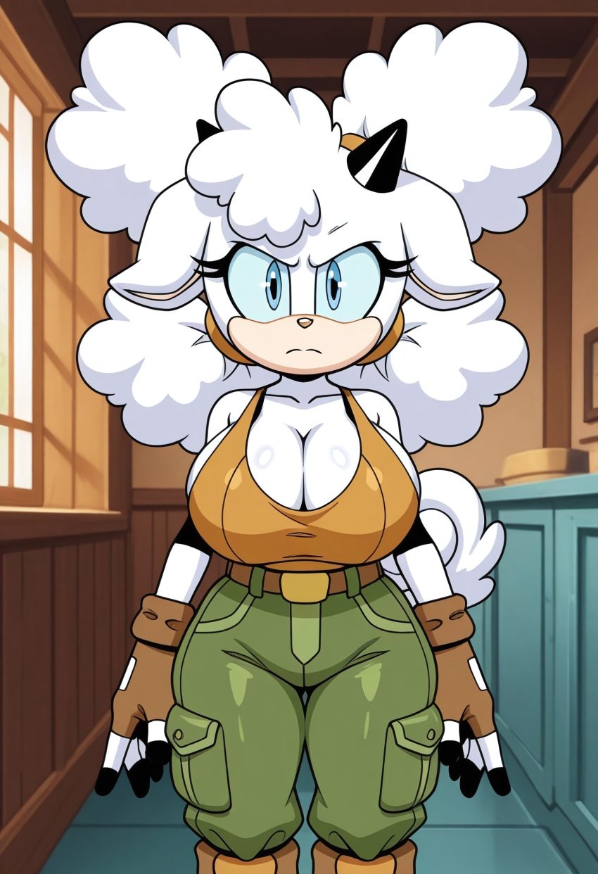 1girls 2d ai_generated anthro big_breasts black_bra boobs_bigger_than_head breasts breasts_bigger_than_head brown_shirt cleavage female furry huge_breasts idw_comics idw_publishing lanolin_the_sheep massive_breasts mobian mobian_(species) mobian_sheep s sega sheep sonic_(series) sonic_the_hedgehog_(comics) sonic_the_hedgehog_(idw) sonic_the_hedgehog_(series) white_skin