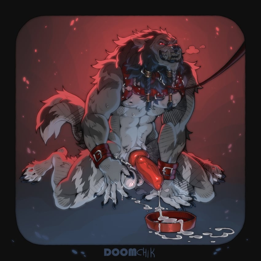 after_orgasm anthro barazoku bared_teeth blizzard_entertainment bodily_fluids bondage bondage bound bowl canid canine chained chains collar container cum cum_in_bowl cum_in_container cum_on_ground cum_on_hand doomchik genital_fluids harness hi_res kneeling kneeling_on_ground leash leashed_collar male mammal mjodvitnir mythological_canine mythological_creature mythology shackled_wrists smile solo sweat sweatdrop warcraft werecanid werecanine werecreature werewolf worgen