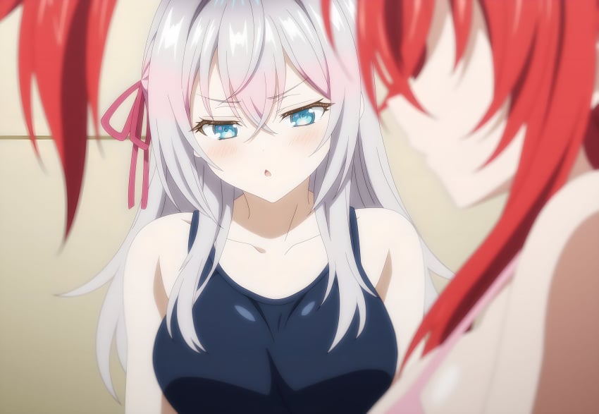 2girls ai_generated alisa_mikhailovna_kujou big_breasts blue_eyes blush crimson_hair_female crossed_bangs crossover crossover_ship crossover_shipping demon_girl female females_only hair_ribbon high_school_dxd interspecies lesbians light-skinned_female long_hair_female loose_hair lovehuwu milky_white_skin red_ribbon rias_gremory russian_girl silver_hair_female tokidoki_bosotto_russian_de_dereru_tonari_no_alya-san very_long_hair_female yuri