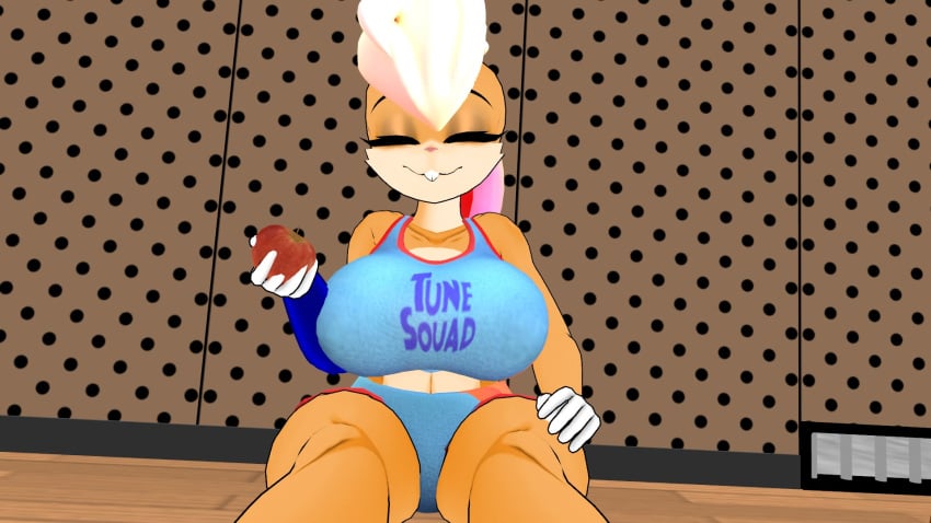basketball_court big_breasts closed_eyes curvy holding_apple lola_bunny sitting smiling spread_legs thicc thick tunesquad vrchat vrchat_avatar