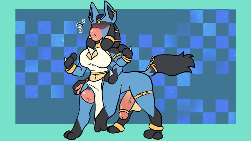 16:9 2_fingers 2_toes 4_arms anthro balls big_breasts black_body black_fur blue_background blue_body bottomwear bottomwear_aside breasts clothing clothing_aside crop_top donut_mouth eyeless feet fingers fur furry generation_4_pokemon genitals green_background gynomorph hi_res hyper hyper_lips intersex lips loincloth loincloth_aside lucario midnite_fsnax multi_arm multi_limb nintendo penetration pink_lips pokemon pokemon_(species) shirt simple_background solo standing taur thick_lips toes topwear unusual_anatomy widescreen