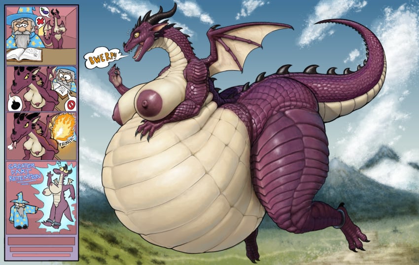 belly big_belly big_breasts bomb breasts clothing cuff_(restraint) dragon eggplant eggplant_emoji emoji english_text explosives fart farting_on_another farting_on_face female fire_fart food fruit hat headgear headwear hi_res hoedeer horn huge_belly huge_breasts human humanoid hyper hyper_belly inflation inflation_fetish magic magic_user male mammal mythological_creature mythological_scalie mythology nipples plant restraints scalie shackled_ankles shackles speech_bubble text wizard_hat wizard_robe