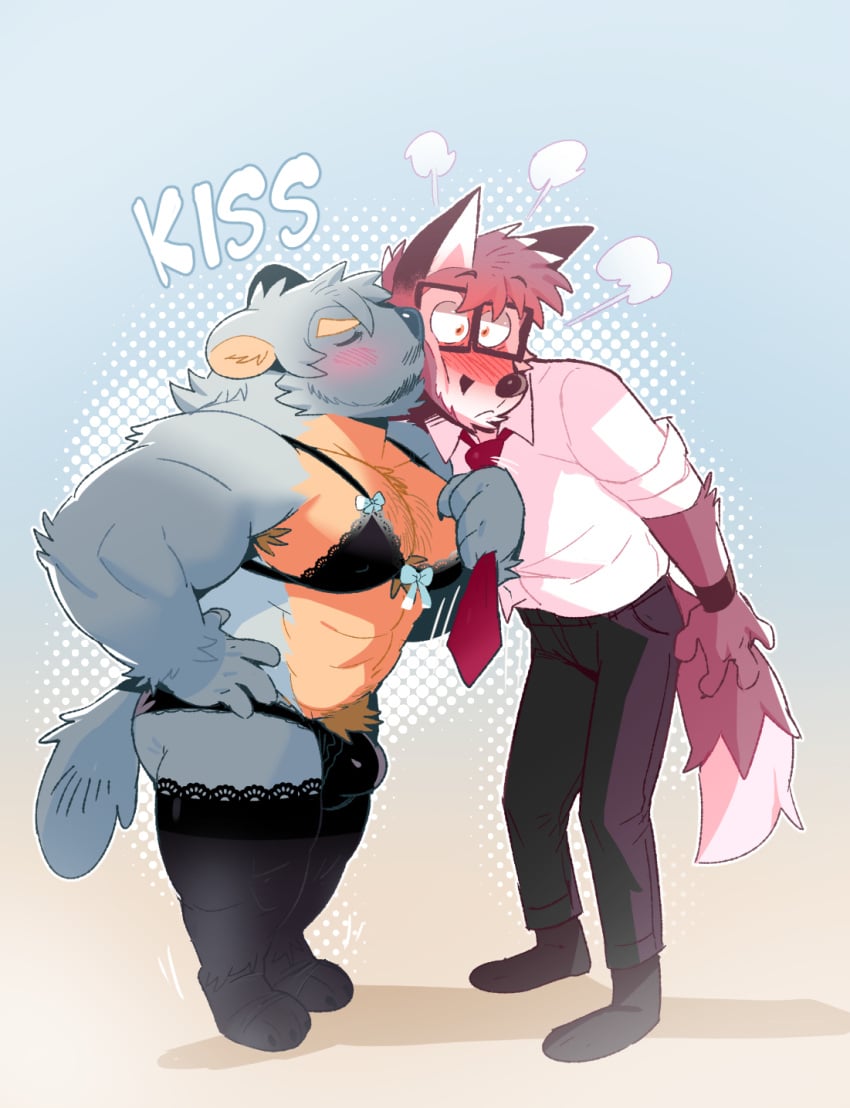anthro armpit_hair barazoku blush body_hair bottomwear bra bulge canid canine chest_hair clothing clothing_pull collared_shirt dress_shirt duo dylan_(purplecider) eyewear facial_hair fox frilly frilly_bra frilly_clothing frilly_legwear frilly_panties frilly_thigh_highs frilly_underwear glasses gulonine hi_res kissing_cheek legwear lingerie male male/male mammal marten mustelid musteline necktie necktie_pull panties pants pubes purplecider shirt surprise surprised_expression thigh_highs topwear underwear wallace_(purplecider)