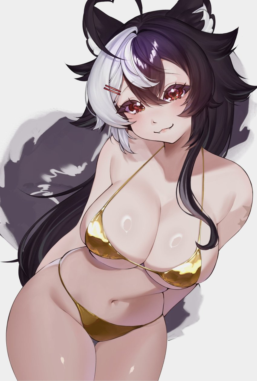 ahoge animal_ears antenna_hair arms_behind_back bangs bare_shoulders bikini black_hair blush breasts cleavage closed_mouth collarbone cowboy_shot female grey_background hair_ornament hairclip large_breasts long_hair looking_at_viewer mole mole_on_thigh momotexx_(vtuber) multicolored_hair navel red_eyes skindentation smile solo stomach streaked_hair swimsuit tail two-tone_hair vyugen yellow_bikini