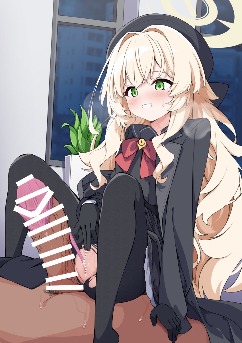 1boy after_sex after_vaginal bar_censor black_coat black_gloves black_pantyhose black_shirt blonde_hair blue_archive blush bow bowtie censored coat commentary_request condom condom_left_inside condom_on_penis cowgirl_position cowgirl_position erection female gloves green_eyes grin hair_intakes halo highres long_hair madotsukumo paid_reward_available pantyhose parted_lips penis professor_niyaniya_(blue_archive) pussy red_bow red_bowtie shirt smile straddling straight teeth textless_version torn_clothes torn_pantyhose variant_set wavy_hair yellow_halo