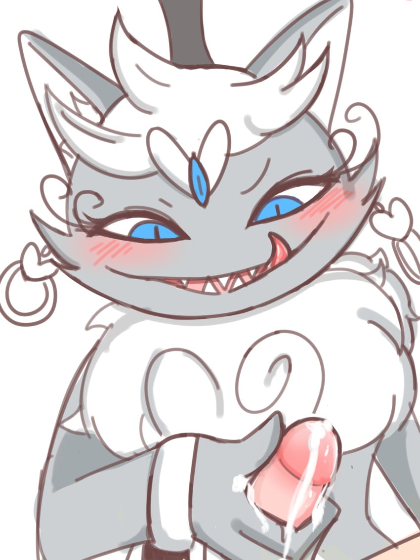 1boy 1boy1girl 1girls 2d 2d_(artwork) 32up anon anonymous_male anthro anthropomorphic anthropomorphic_cat blue_crystal blush blushing braid_bar cat cat_ears catgirl crystal crystal_on_forehead cum_leaking cum_leaking_out_of_penis detached_sleeves digital_drawing_(artwork) digital_media_(artwork) earrings eyebrows eyelashes female fur furry furry_female grabbing grabbing_penis gray_body gray_fur grim_eye grim_smile hand_on_penis heart heart_symbol human humanoid iz_the_dancer leaking_cum male male/female monster_form offscreen_character offscreen_male ponos_company ponos_corp. ring sharp_teeth simple_background tagme the_battle_cats tongue tongue_out video_game_character video_games white_background white_fur white_hair