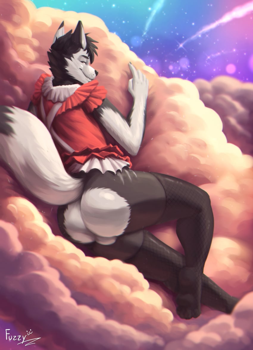 absurd_res anthro ass balls biped black_nose butt_markings canid canine canis clothing cloud cocky_smile domestic_dog dress femboy fur fuzziness genitals grey_body grey_fur hi_res husky leg_markings legwear looking_back lying male mammal markings multicolored_body multicolored_fur nordic_sled_dog pawpads pointy_ears presenting presenting_hindquarters red_clothing shooting_star sky smile solo spitz stockings tail whisker_spots white_body white_fur