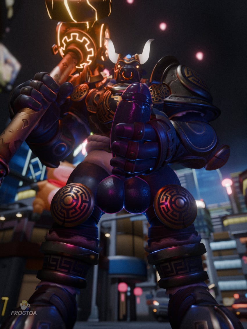 2025 2_horns 3:4 3d_(artwork) 3d_background absurd_res anthro armor artist_logo artist_name balls big_balls big_penis black_fingernails black_helmet black_nails blizzard_entertainment blue_lighting bottomwear bovid bovine breastplate city city_background clothing colored_nails digital_media_(artwork) erection european_mythology facial_piercing fingernails footwear frogtoa genitals glans glowing glowing_eyes greaves greek_mythology grey_body grey_skin hammer hi_res holding_hammer holding_melee_weapon holding_object holding_polearm holding_tool holding_weapon hooved_plantigrade hooved_toes hooves horn knee_pads logo loincloth looking_at_viewer looking_down looking_down_at_viewer low-angle_view male mammal masturbation melee_weapon minotaur minotaur_reinhardt muscular muscular_anthro muscular_male mythology nails night nose_piercing nose_ring overwatch penis piercing pink_lighting plantigrade polearm reinhardt_(overwatch) ring_piercing sandals septum_piercing septum_ring shoes sky solo spaulder text tools truck vambrace vehicle weapon white_bottomwear white_clothing white_horn white_loincloth yellow_eyes