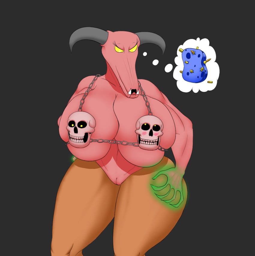 1girls ass baron_of_hell_(doom) big_breasts big_butt bioluminescence blush bra breasts brown_fur bullet butt_grab chains clothing demon doom eyelashes female fur glowing hand_on_butt herroverdober horns huge_breasts navel no_humans pink_skin pussy skull solo sponge teeth thick_thighs thought_bubble underwear video_games voluptuous