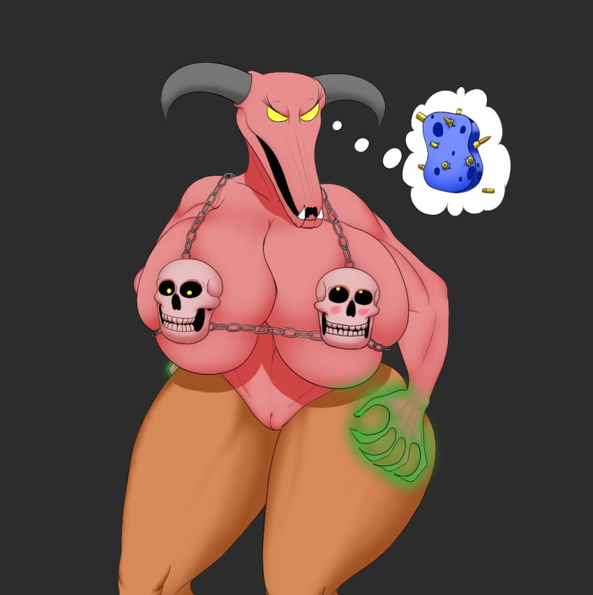 1girls ass baron_of_hell_(doom) big_breasts big_butt bioluminescence blush bra breasts brown_fur bullet butt_grab chains clothing demon doom eyelashes female fur glowing hand_on_butt herroverdober horns huge_breasts navel no_humans pink_skin pussy skull solo sponge teeth thick_thighs thought_bubble underwear video_games voluptuous