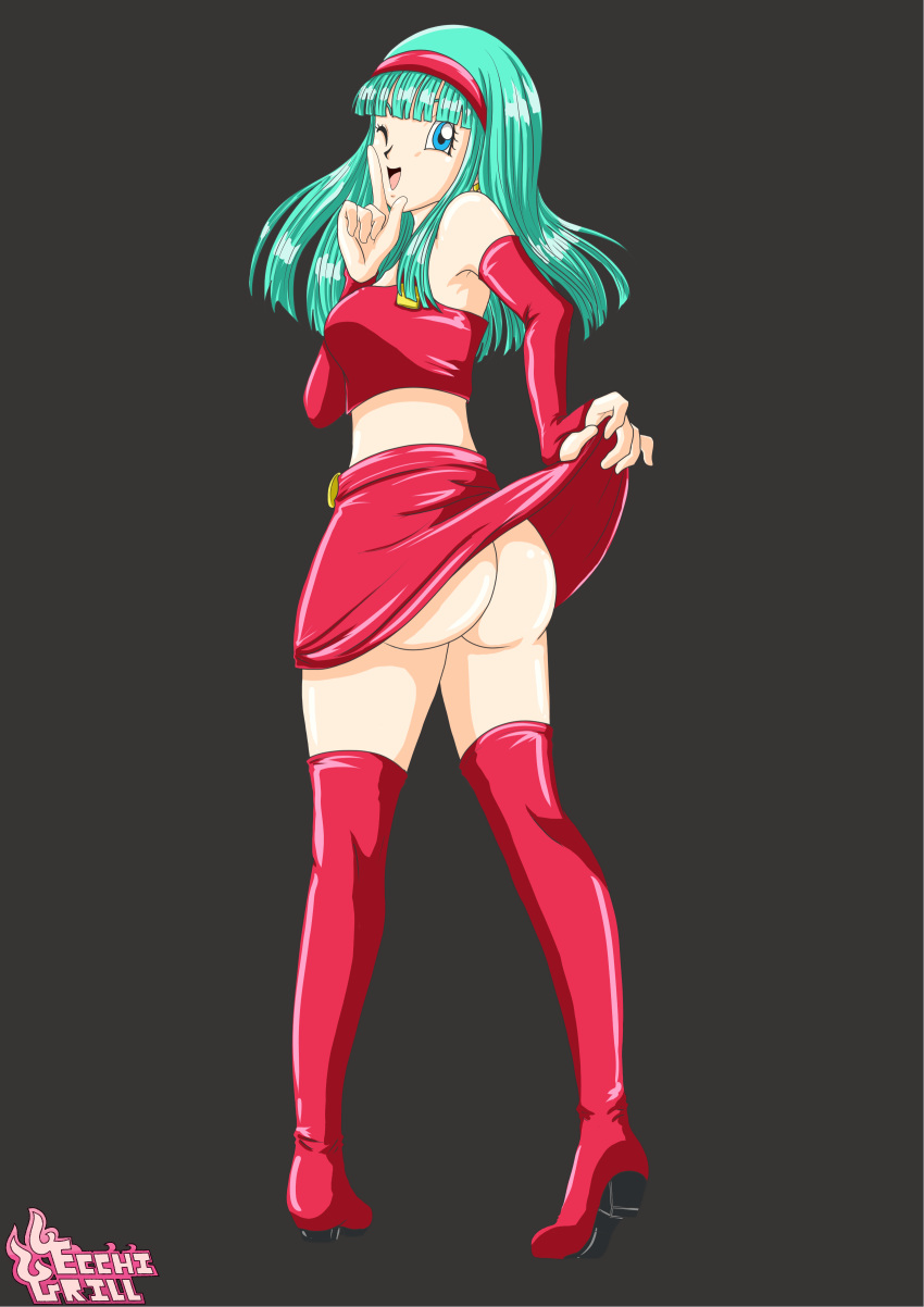 barrette big_ass blue_hair boots bra_(dragon_ball) bra_briefs clothed dragon_ball dragon_ball_gt ecchigrill female hair_barrette high_heels highheels no_panties skirt skirt_lift solo turquoise_hair winking