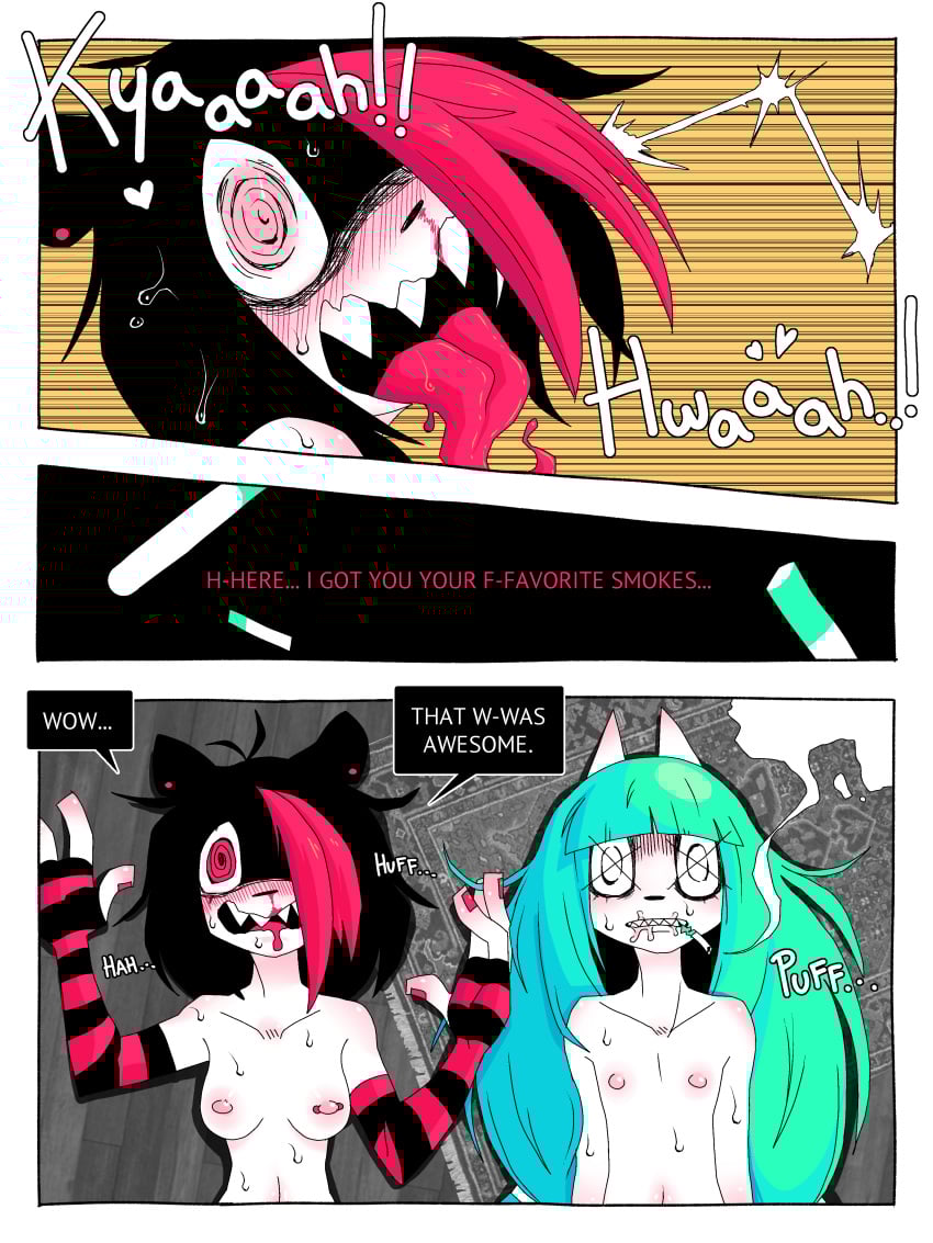 absurd_res after_sex afterglow anthro armwear blood bodily_fluids breasts cigarette clothing comic ear_piercing felid female female/female flat_chested floor girl_a girl_b hi_res legwear mammal nipple_piercing nipples nosebleed orgasm pattern_armwear pattern_clothing pattern_legwear piercing ponporio rug smoking smoking_cigarette striped_armwear striped_clothing striped_legwear stripes sweat tongue tongue_out