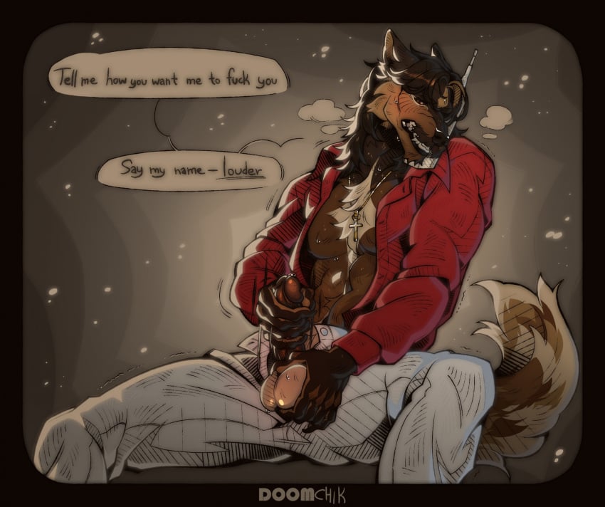 anthro bodily_fluids canid canine christopher_(varkaita) clenched_teeth clothed clothing cross cross_necklace dialogue doomchik genital_fluids genitals hand_on_balls hand_on_penis hi_res jewelry male mammal masturbation musk musk_clouds necklace on_phone open_clothing open_shirt open_topwear penis precum shirt sitting solo sweat sweatdrop teeth topwear