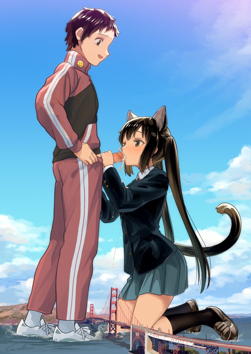 1boy absurdres animal_ears black_jacket black_socks blazer blue_sky bridge brown_shoes cat_ears cat_tail censored cloud collared_shirt commentary_request commission cum cum_in_mouth day fellatio female giant giantess golden_gate_bridge grey_skirt grey_socks highres jacket k-on! kneehighs kneeling loafers long_sleeves mosaic_censoring nakano_azusa oral outdoors pants penis penis_grab pleated_skirt red_jacket red_pants red_track_suit sakuragaoka_high_school_uniform san_francisco school_uniform shirt shoes skirt sky sneakers socks straight suspension_bridge tail tainaka_satoshi thighs track_jacket track_pants track_suit united_states water welt_(kinsei_koutenkyoku) white_shirt white_shoes winter_uniform