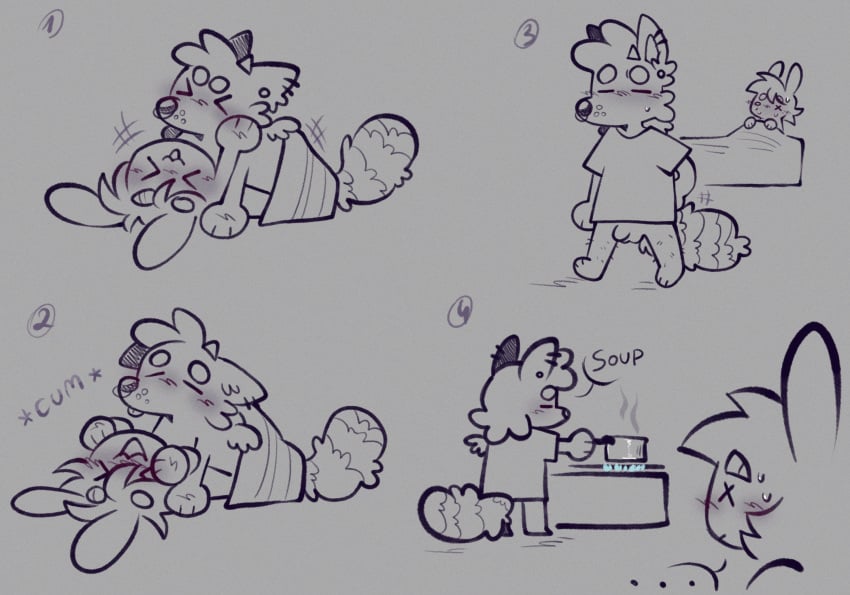 >_< >w< 2024 after_sex anthro big_tail blush bodily_fluids carmel_(carmellemonnsfw) closed_eyes comic cooking digital_drawing_(artwork) digital_media_(artwork) ellipsis food from_front_position gab_(hornigabl) genitals hand_on_face hi_res hornigabl hybrid intersex intersex/intersex male maleherm orgasm penis piercing soup speech_bubble sweat sweatdrop tail tongue tongue_out under_covers_sex