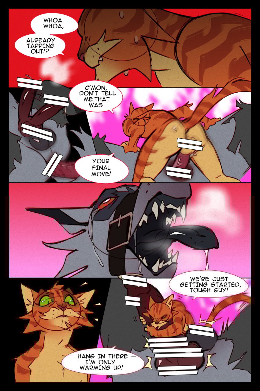 anal anal_sex animal_genitalia animal_penis anthro ass balls belt bodily_fluids bottomwear bouncing_penis breath canid canine canine_genitalia canine_penis canis censor_bar censored censored_genitalia cheek_tuft chin_tuft clothing comic crying darkened_balls darkened_genitalia death_(puss_in_boots) defeated dialogue domestic_cat dominant dominant_male dreamworks dripping duo emanata eye_roll facial_markings facial_tuft fangs felid feline felis from_front_position fur fuzzy genitals green_eyes grey_body grey_fur half-closed_eyes hands_on_legs head_markings hi_res holding_penis hugging_penis knot ksejl larger_penetrated looking_pleasured lying male male/male mammal markings mask_(marking) motion_blur muzzle_(object) muzzled narrowed_eyes on_back open_mouth orange_body orange_fur overwhelmed pants penetration penile_spines penis pupils puss_in_boots_(dreamworks) puss_in_boots_(franchise) red_eyes saliva saliva_drip saliva_on_tongue saliva_string size_difference small_dom_big_sub speech_bubble submissive submissive_male sweat sweatdrop tabby_cat tail tears teeth text tied_muzzle tongue tongue_out torn_bottomwear torn_clothing torn_pants tuft whisker_spots white_pupils wolf