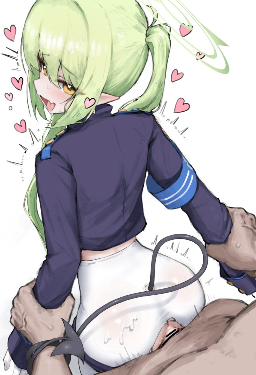 1boy absurdres anus armband ass bar_censor black_tail blue_archive blue_armband censored commentary demon_tail female green_hair green_halo halo heart highres long_hair looking_at_viewer no_pants nozomi_(blue_archive) oerba_yun_fang open_mouth pantyhose pointy_ears rainbow_gorein sex sex_from_behind skin_fang smile solo_focus standing standing_sex straight tail tail_wrap train_conductor vaginal_penetration white_background white_pantyhose