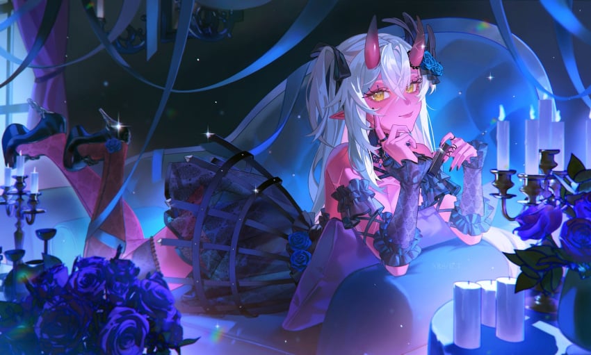 akumi bangs bare_shoulders black_dress black_ribbon blue_flower blue_rose dress female flower frills garter_straps hair_between_eyes hair_ornament hair_ribbon high_heels horns indoors jewelry long_hair looking_at_viewer nail_polish oni_horns petals pointy_ears purple_flower purple_rose red_flower red_rose ribbon rose skull sleeveless_dress smile solo thighhighs two_side_up very_long_hair vyugen yellow_eyes