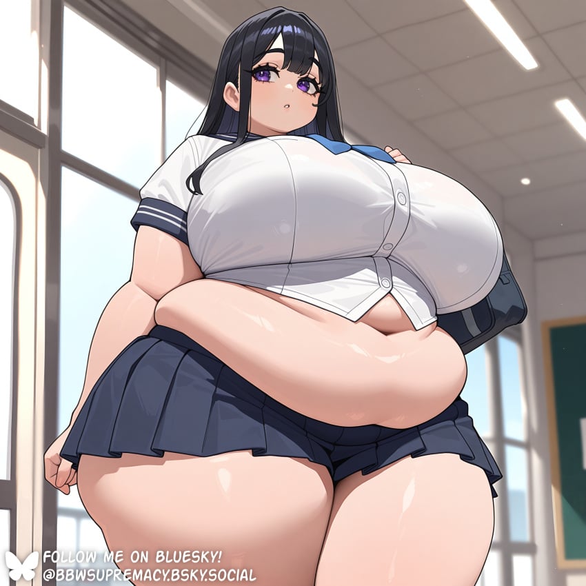 absurd_res ai_generated bag bbw bbwsupremacy belly_button belly_overhang big_ass big_belly big_breasts black_hair blouse breasts busty chubby chubby_female classroom curvy eyelashes fat female female_focus female_only huge_belly huge_breasts large_breasts long_hair morbidly_obese obese obese_female overweight purple_eyes school school_uniform schoolgirl shirt skirt solo ssbbw straight_hair thick thick_thighs voluptuous voluptuous_female watermark white_shirt wide_hips