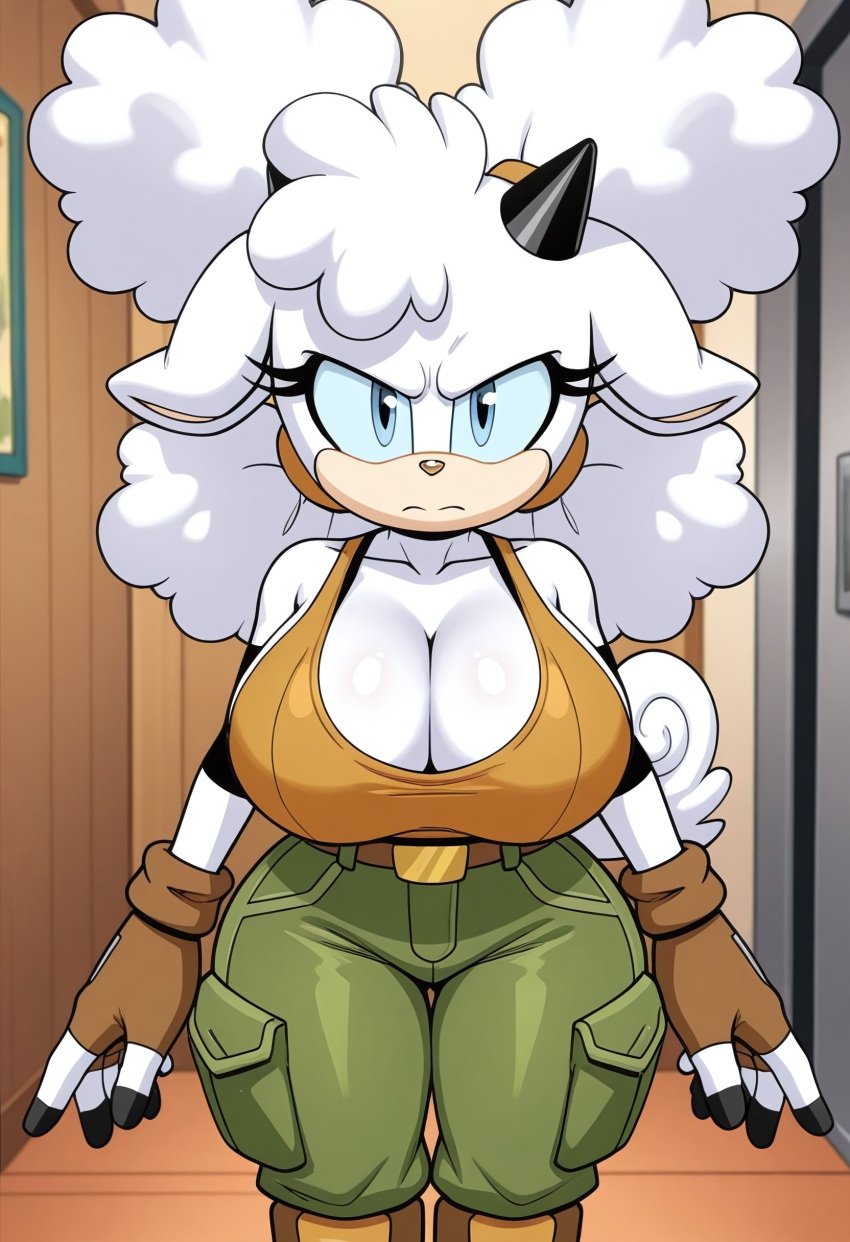 1girls 2d ai_generated anthro big_breasts black_bra boobs_bigger_than_head breasts breasts_bigger_than_head brown_shirt cleavage female furry huge_breasts idw_comics idw_publishing lanolin_the_sheep massive_breasts mobian mobian_(species) mobian_sheep s sega sheep sonic_(series) sonic_the_hedgehog_(comics) sonic_the_hedgehog_(idw) sonic_the_hedgehog_(series) white_skin