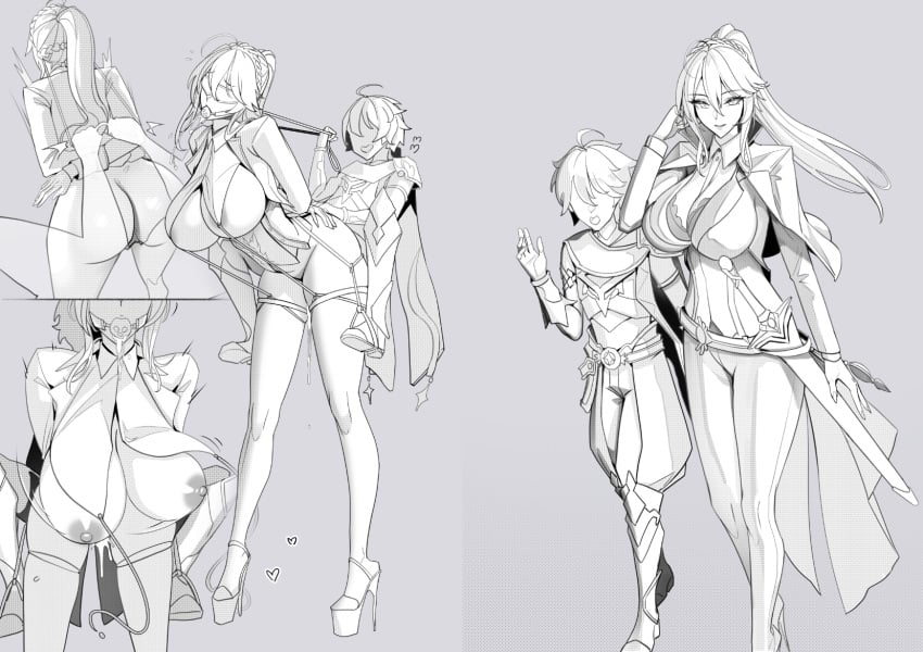 1boy 1girls aether_(genshin_impact) artist_request ball_gag before_and_after black_and_white blindfold bound_arms breast_curtains cleavage dripping dripping_pussy drooling exposed_breasts female femsub genshin_impact harness heels high_heels jean_gunnhildr large_breasts leash leash_pull male maledom ponygirl ponyplay ponytail riding_on_back small_dom_big_sub submissive_female sword tagme willing_sub younger_dom_older_sub younger_male