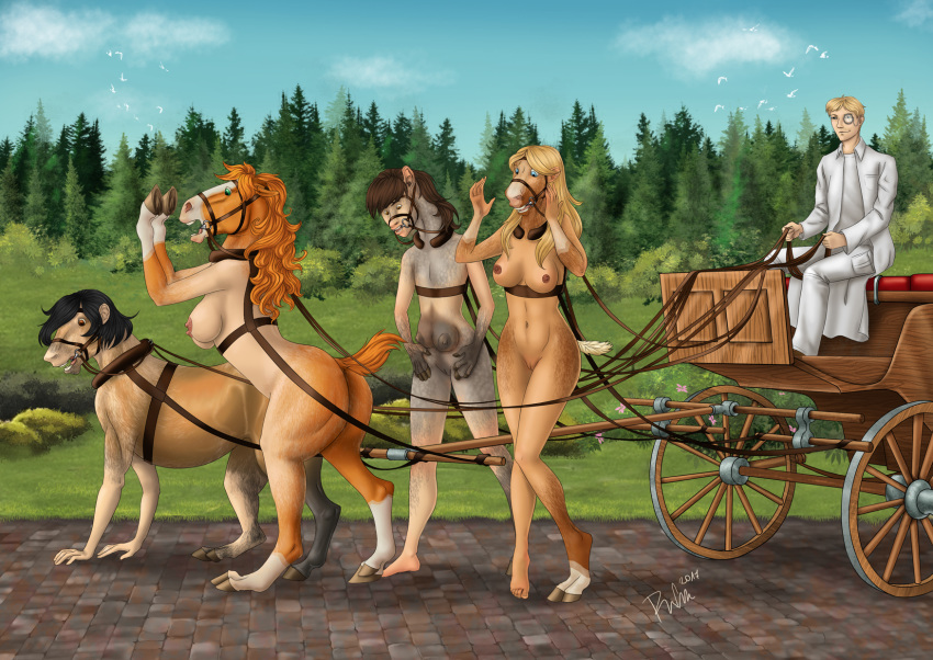 2017 5_fingers anus biped black_hair black_hooves blonde_hair blue_eyes blue_sky breasts bridle brown_eyes brown_fur brown_hair brown_nipples carriage clothed clothing cloud crotchboobs detailed_background digital_media_(artwork) equine eyewear female fully_clothed fur grass green_eyes grey_fur grey_hooves group hair harness hi_res hooved_fingers hooves horse horse_collar human human_to_anthro human_to_feral lab_coat light_skin long_hair male mammal monocle navel nipples nude orange_fur orange_hair outside pants presenting_teats pussy reins rufciu scientist shirt short_hair signature silao sky snout tan_fur teeth transformation tree white_bottomwear white_clothing white_pants white_shirt white_topwear yellow_eyes yellow_tail