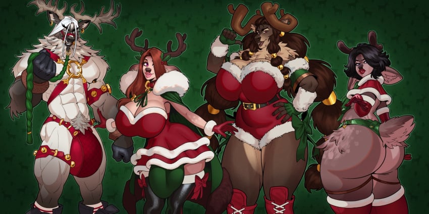 2024 abs alternate_version_at_source anthro antlers areola ass big_bulge big_butt biped black_hair boosterpang braided_hair breasts brown_hair bulge butt_fluff cape christmas christmas_clothing christmas_topwear cinnamon_(themostsuave) cleavage clothed clothing deer dress ear_piercing female femboy fingerless_gloves fluffy fluffy_tail glitter_(vesryn) gloves group gynomorph hair handwear hi_res holidays horn inner_ear_fluff intersex long_hair looking_aside looking_at_viewer magnus_(ara_chibi) male mammal muscular muscular_anthro muscular_female muscular_male new_world_deer nipple_piercing nipples nonbinary_(lore) piercing pubes reindeer short_hair short_tail skimpy straight_hair tail topwear tuft twinkle_(sharkafterdark) white_hair