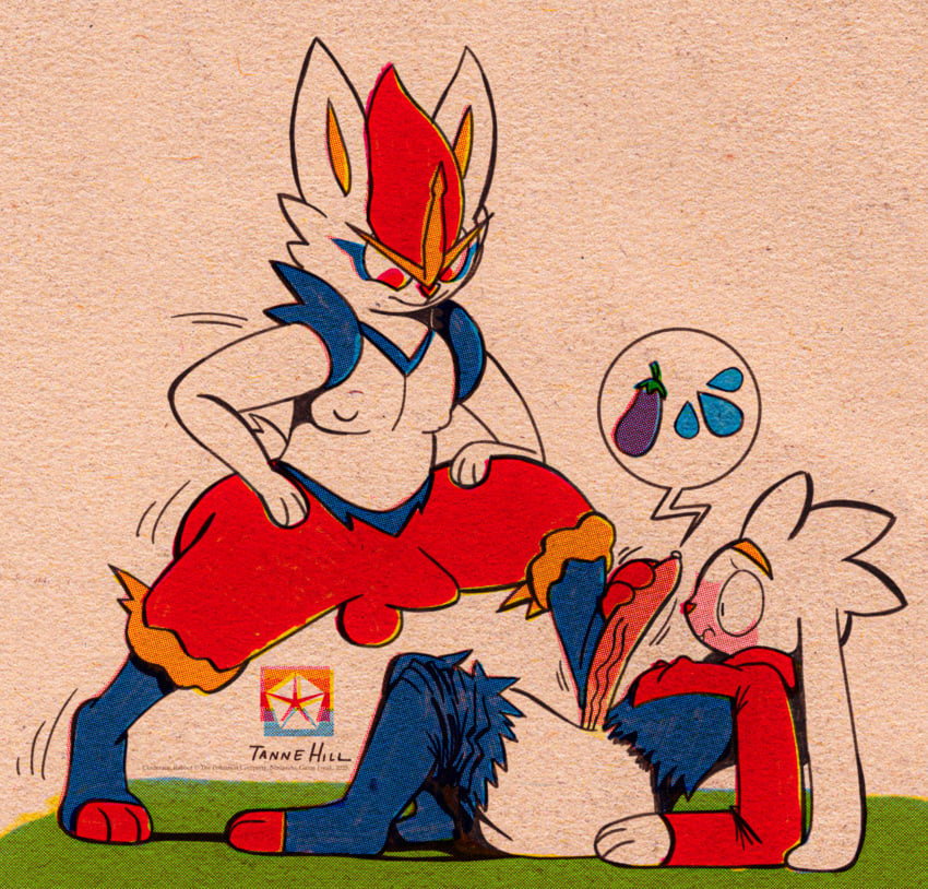 2025 absurd_res anthro artist_logo artist_name big_penis blush bodily_fluids cinderace clothed clothing copyright_name copyright_symbol digital_drawing_(artwork) digital_media_(artwork) duo eggplant eggplant_emoji erection feet food foot_fetish foot_play footjob fruit fur game_freak generation_8_pokemon genital_fluids genitals hi_res hindpaw hoosierman9911a huge_cock lagomorph leporid logo lying male male/male mammal nintendo nipples nude on_back on_top paws penis plant pokemon pokemon_(species) precum rabbit raboot sex signature simple_background symbol text thick_thighs torn_clothing white_body white_fur