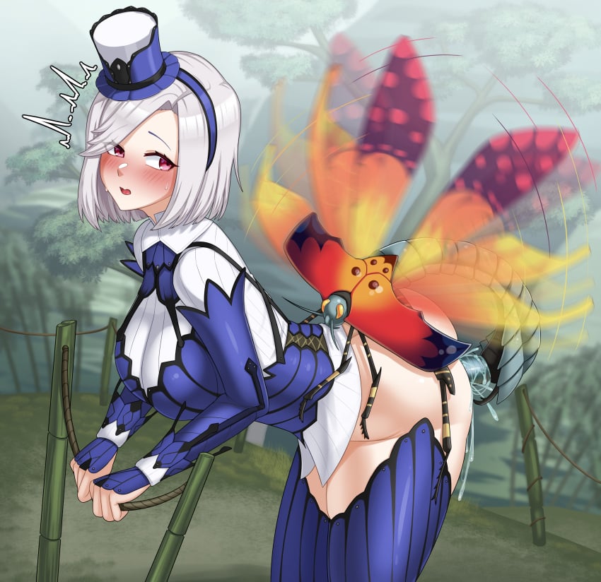 armor bnahabra_(armor) clothed_sex hunter_(monster_hunter) insects monster_hunter monster_hunter_rise red_eyes tuoni white_hair zoophilia