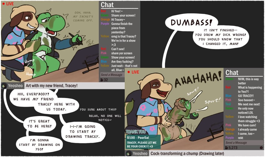 2_panel_comic anal animal_genitalia animal_penis anthro balls bodily_fluids chat_box cock_transformation cum dinosaur duo ejaculation enhibitionism equine_genitalia equine_penis fan_character forced forced_transformation generation_2_pokemon genital_fluids genitals hi_res humiliation livestream male male/male mario_bros nintendo penis pokemon pokemon_(species) poorsal prehistoric_species public reptile scalie sex smeargle tracy_(linker) transformation yoshi
