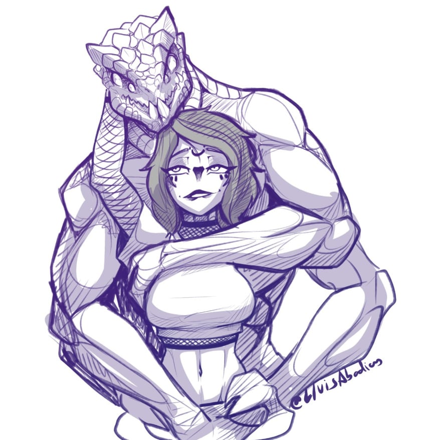 4_arms 4_eyes alien alien_male awoken black_hair black_lipstick ciara_sel crop_top destiny_(game) destiny_(video_game) eliksni exposed_midriff face_markings fallen_(destiny) fishnet_shirt groping_pussy hand_on_head hand_on_hip hugging imminent_sex interspecies lluisabadias nude_male_clothed_female smiling xenophilia
