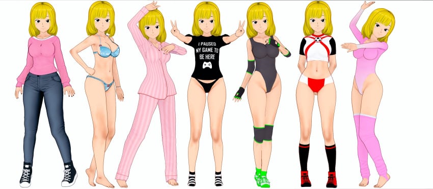1girls 3d arms_behind_back barefoot big_breasts black_eyes blonde_hair bra breasts buruma busty double_v feet female female_only hand_on_hip hi_res highres jeans large_breasts legs leotard long_hair looking_at_viewer midriff multiple_views navel original original_character pajamas panties pants pose posing shirt smile solo sportswear sweater thighs thong toned voluptuous
