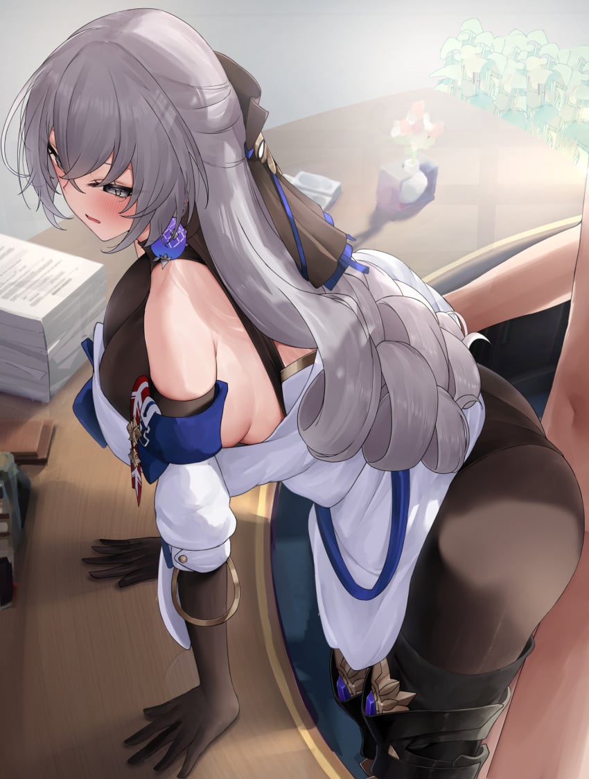 1boy ass bare_shoulders blue_ribbon blush boots breasts bronya_rand brown_gloves brown_pantyhose clothed_female_nude_male clothed_sex crossed_bangs desk detached_sleeves dress drill_hair earrings elbow_gloves female gloves grey_eyes grey_hair hair_between_eyes highres honkai:_star_rail honkai_(series) jewelry large_breasts long_hair n9at nude open_mouth pantyhose paper_stack ribbon sex sex_from_behind straight thigh_boots thighs white_dress
