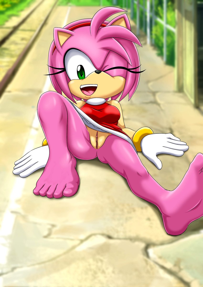 absurdres amy_rose bare_legs barefoot bbmbbf bracelet dress eyelashes feet gloves green_eyes hairband hedgehog highres jewelry legs lolita_fashion lying medium_hair mobius_unleashed no_panties one_eye_closed open_mouth palcomix perineum pink_fur pink_hair pussy sega smile soles sonic_(series) teen teen_girl teenage teenage_girl teenager toes wink