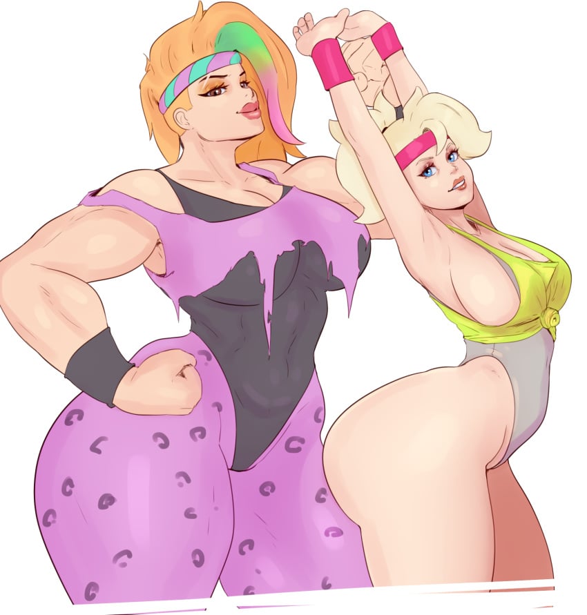 2d 2girls aerobics aerobics_clothing alternate_costume big_breasts blizzard_entertainment breasts cleavage female female_only hyper_thighs large_breasts leotard looking_at_viewer massive_thighs mercy overwatch sunnysundown thick_thighs thunder_thighs totally_80's_zarya workout_clothes zarya