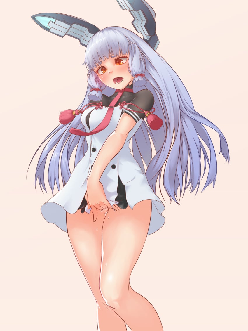 bare_legs dress female fully_clothed hair_ribbon headgear highres kantai_collection karan long_hair masturbation murakumo_(kantai_collection) necktie no_legwear no_panties orange_eyes pussy_juice red_neckwear remodel_(kantai_collection) ribbon sailor_dress short_eyebrows sidelocks silver_hair simple_background solo standing strapless strapless_dress thighs tress_ribbon undershirt