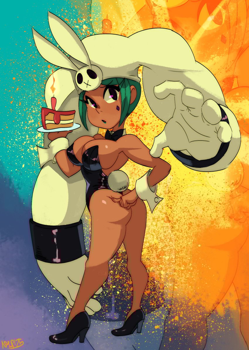 1girls animal_ears aqua_hair ass bare_legs bare_shoulders bow bowtie breasts bunnysuit cake cerebella cleavage clothing dark-skinned_female dark_skin detached_collar eyeshadow facial_tattoo fake_animal_ears fake_tail female female food footwear green_hair hat high_heels large_breasts leotard lipstick living_clothes looking_at_viewer makeup playboy_bunny rabbit_ears rabbit_tail shoes short_hair sideboob skullgirls solo strapless_leotard symbol-shaped_pupils tail wrist_cuffs