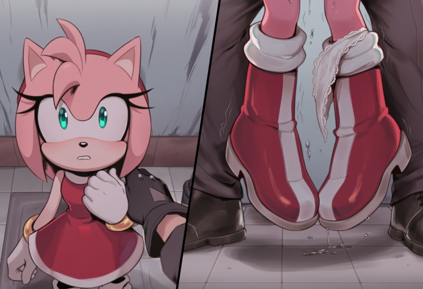 ai ai_generated amy_rose anthro before_and_after boots caught feet_off_ground furry furry_female furry_with_non-furry gloves green_eyes hanging_legs human_on_anthro implied_sex implied_sex_from_between_legs lifting_person pigeon-toed pink_fur pussy_juice pussy_juice_drip red_dress security_guard sonic_(series) sonic_the_hedgehog_(series) standing_doggy_style standing_sex trembling