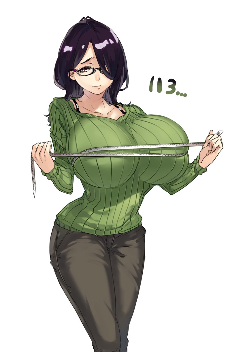 +_+ black_hair breasts dress female glasses green_dress green_sweater highres huge_breasts jeans long_hair looking_at_viewer measuring muneneko original red_eyes simple_background solo striped_dress suika_(muneneko) tape_measure wide_hips