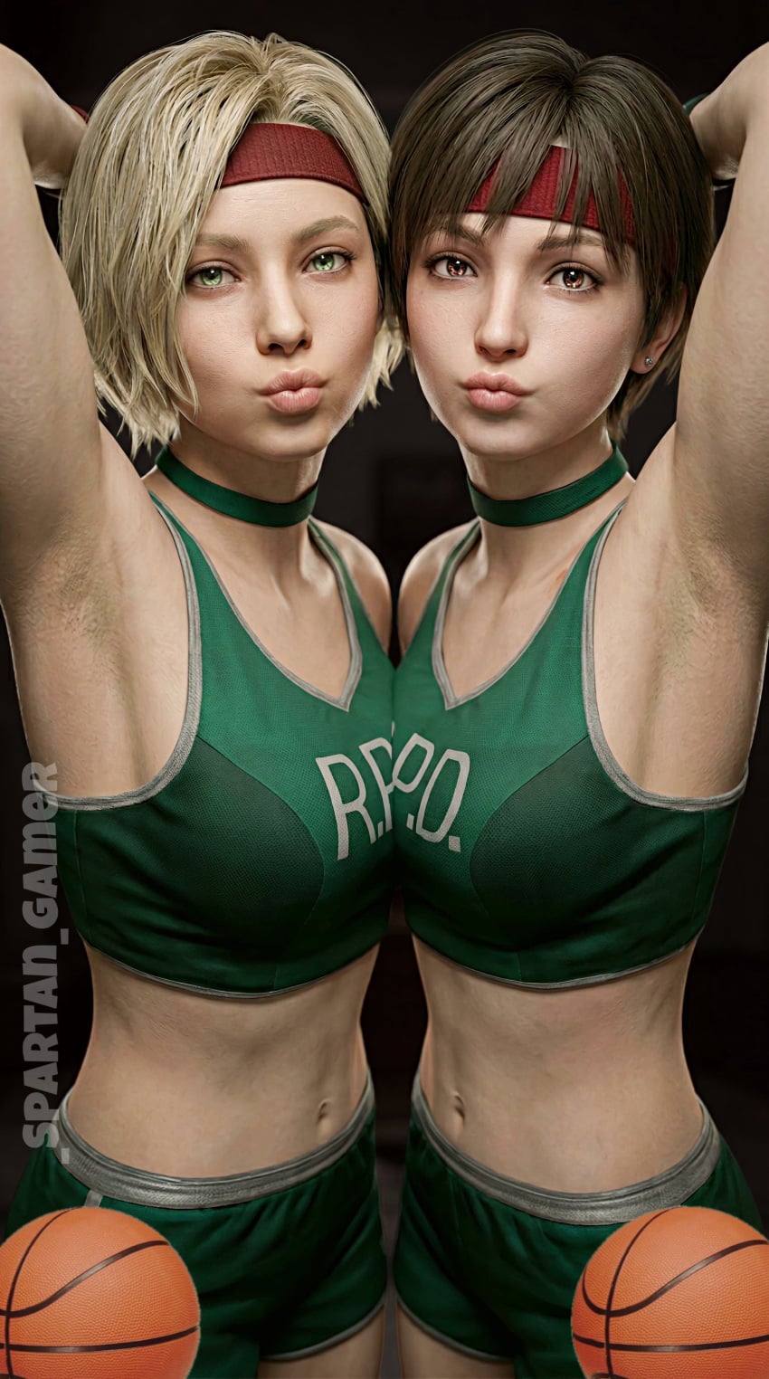 2020s 2026 2girls 3d 3d_(artwork) _spartan_gamer ai_generated armpit armpits basketball blonde-haired_female blonde_female blonde_hair blonde_hair_female brown_hair brown_hair_female brunette_female brunette_hair clothed clothed_female female female_only grace_ashcroft headband light-skinned_female light_skin looking_at_viewer multiple_females multiple_girls rebecca_chambers rebecca_chambers_(cosplay) red_headband resident_evil resident_evil_0 resident_evil_9:_requiem the_spartan_gamer video_game_character