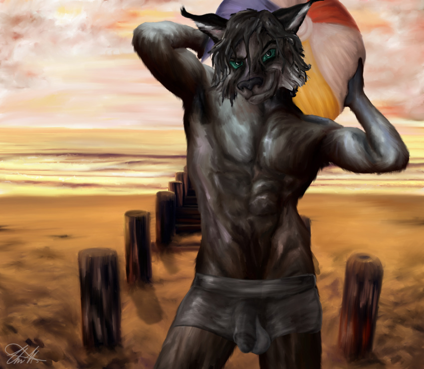 2015 5_fingers abs anthro athletic ball balls beach beach_ball black_nose black_penis boxers_(clothing) brown_fur brown_hair clothing erection eyebrows feline fur green_eyes hair holding_object humanoid_penis hybrid killian killianwalker looking_at_viewer lynx male male_only mammal muscular nude penis pose precum sand seaside seductive sky smile smirk solo standing sunset underwear wardrobe_malfunction water