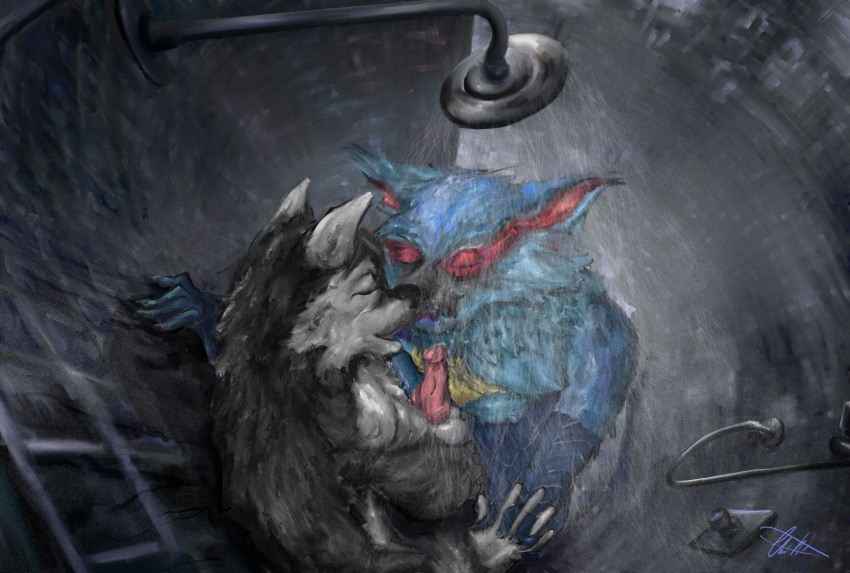 2015 5_fingers against_wall animal_genitalia animal_penis anthro anthro_on_anthro balls black_fur black_nose blue_fur canine canine_penis capcom closed_eyes duo erection fur grey_fur hand_holding high-angle_view husky killianwalker kissing male mammal monster_hunter multicolored_fur nargacuga penis pink_fur red_penis romantic_couple shower showering standing two_tone_fur video_games water wet yaoi yellow_fur