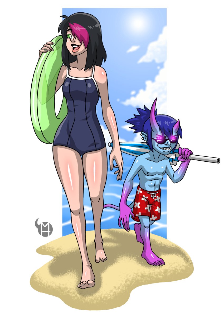 1boy 1girls abs beach black_hair blue_hair blue_skin blue_sky blurry_background christy_(milo_hornyck) claws clothed clothing demon earrings female float glowing_eyes green_eyes horns imp long_hair male medium_hair milo_hornyck multicolored_hair multicolored_skin nipples oni original_character parasol pink_eyes pink_skin shorts sunglasses swimsuit tail thick_thighs walking witch