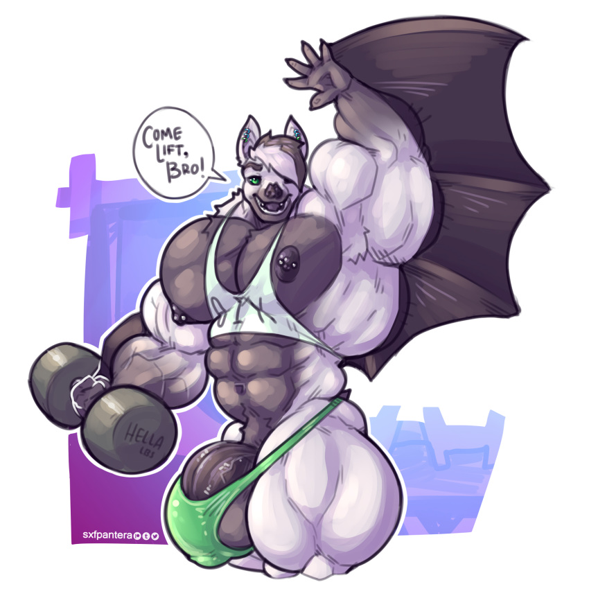 anthro balls bara barely_contained bat big_penis clothing exercise humanoid_penis hyper hyper_muscles looking_at_viewer male male_only mammal muscular muscular_male nipple_piercing nipples open_mouth penis piercing shirt smile solo sxf-pantera sxfpantera tank_top tight_clothing underwear veiny_muscles weightlifting wings workout