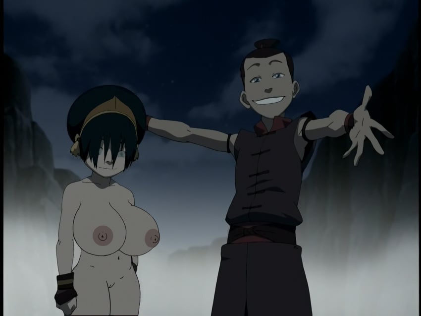 accurate_art_style avatar_the_last_airbender big_breasts chubby clothing dark-skinned_male dark_skin edit gigantic_breasts huge_breasts large_breasts nipples poivoit screenshot screenshot_edit sokka straight_hair toph_bei_fong