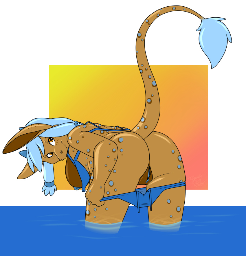 2017 bent_over bikini blue_hair blue_pussy breasts brown_body clitoral_hood clitoris clothing female hair looking_at_viewer looking_back os panties panties_down presenting pussy raised_tail sideboob swimsuit underwear undressing unknown_species water