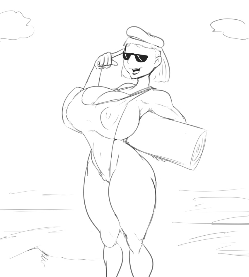 adjusting_eyewear adjusting_glasses ber00 beret breasts cameltoe doug erect_nipples eyewear female female_only hat huge_breasts human judy_funnie monochrome outdoors red_hair sketch solo sunglasses tinted_eyewear wide_hips