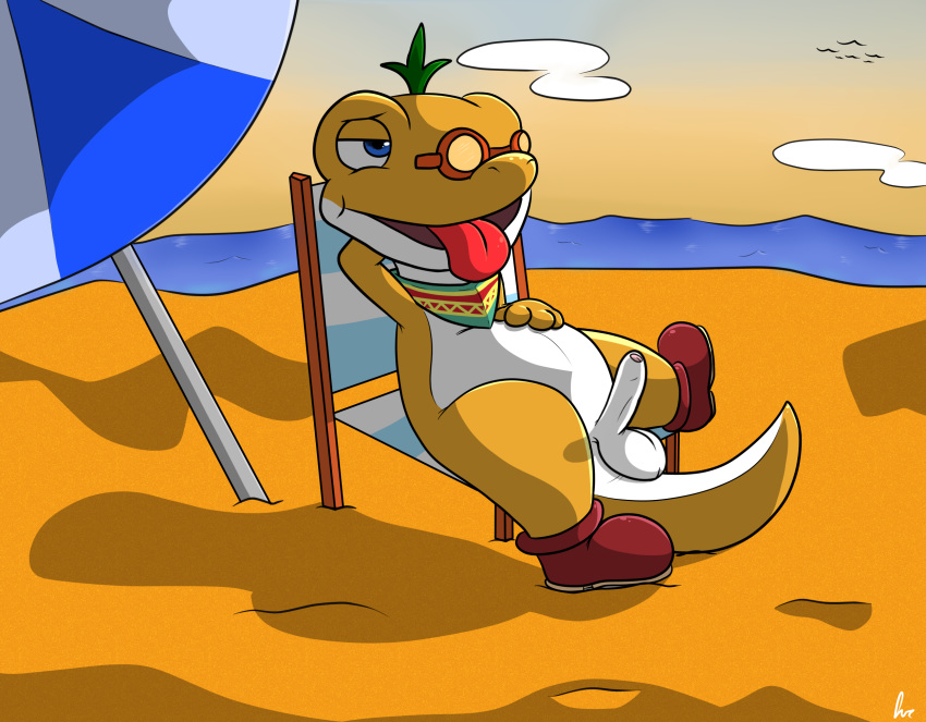 anthro aroused balls beach beach_chair blue_eyes boots chair clothing contimplatininspiratio dinosaur erection footwear glydon_(super_mario_odyssey) hi_res humanoid_penis male male_only mario_(series) mostly_nude nintendo penis reptile sand scalie seaside sitting solo super_mario_odyssey tongue tongue_out uncut video_games water