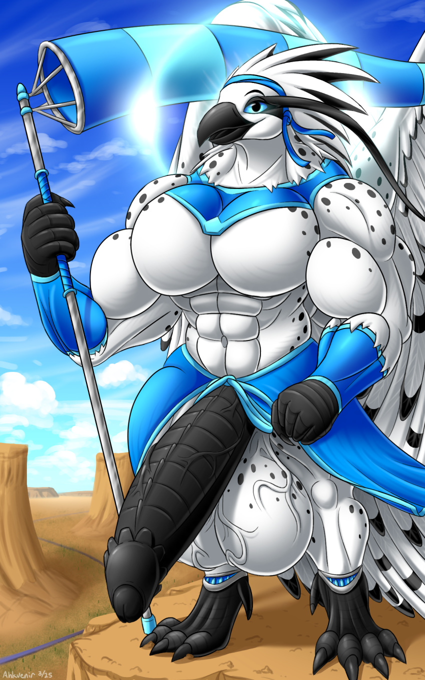abs accessory ahkvenir anklet anthro arm_warmers armwear avian balls beak big_balls big_pecs big_penis black_penis blue_clothing bottomwear clothing deity desert digitigrade feathered_wings feathers foreskin full-length_portrait genitals halo headband hi_res holding_object huge_balls huge_cock huge_pecs hyper hyper_genitalia hyper_penis ineffective_clothing jewelry looking_at_viewer male markings muscular navel outside pecs penis portrait ridged_penis sky solo spiked_glans spots spotted_body tail tail_feathers uncircumcised vein veiny_balls veiny_penis white_body wings