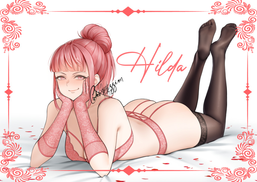 ass bed big_ass big_breasts breasts earrings edit feet female fire_emblem fire_emblem:_three_houses hilda_valentine_goneril legs looking_at_viewer naughty_face nintendo pawg pink_eyes pink_hair ponytail smiling smug solo_female spade stockings subtle thick_thighs thigh_highs thighs